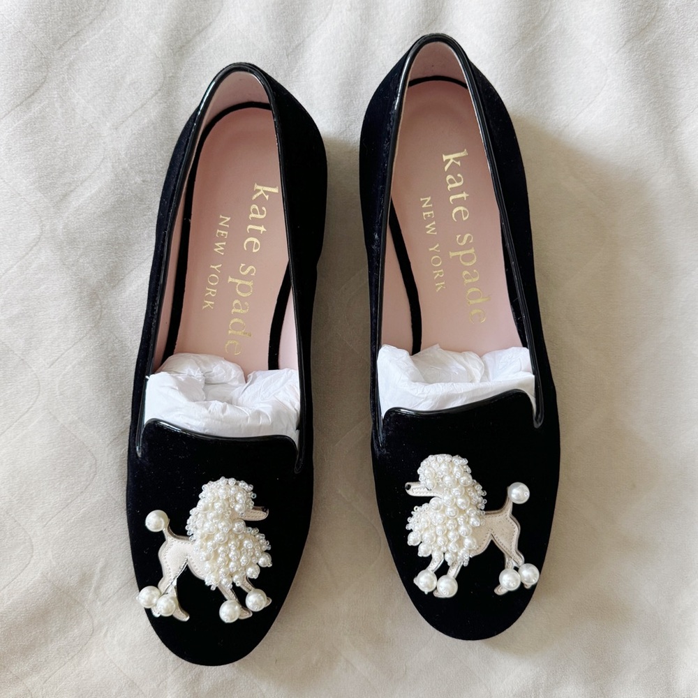 Kate Spade New York Lounge Poodle Loafers Black Velvet Size 8 (NEW)